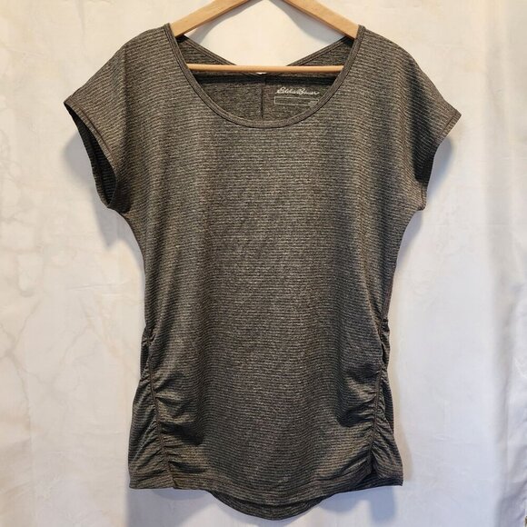 Eddie Bauer Women's Size L Gray Short Sleeve Fitted Shirring‎ Cap Sleeve V Back - Picture 1 of 7